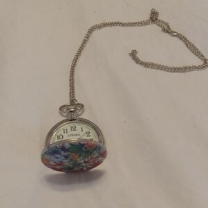 Strada Colorful Floral Pocket Watch with Silver Chain. Needs Battery